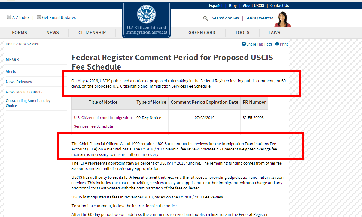 EB-5漲價(jià)提前，美國(guó)移民局官網(wǎng)，美國(guó)投資移民漲價(jià)，移民簽證申請(qǐng)費(fèi)用提高